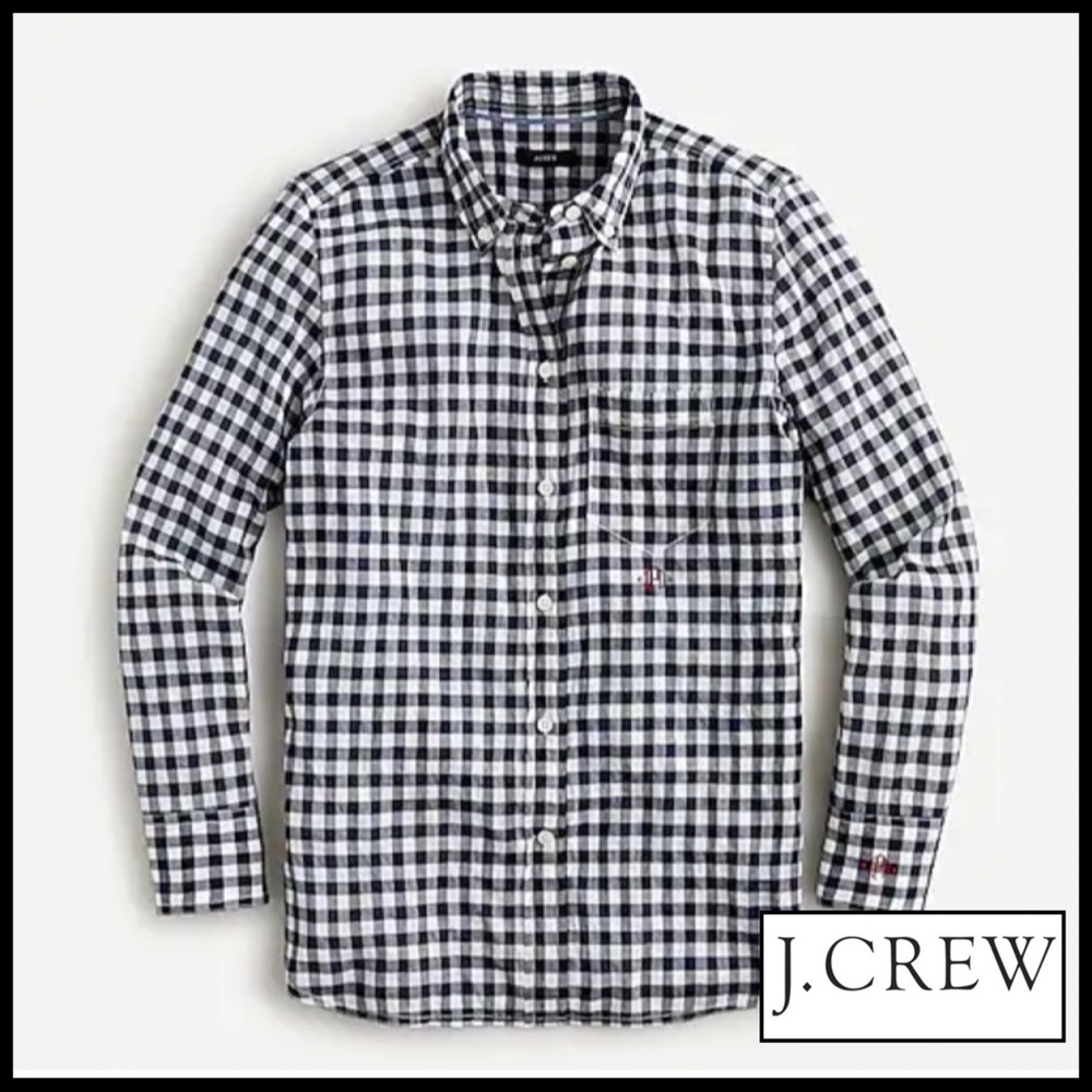 J. Crew Classic Navy White Gingham Crinkle Cotton